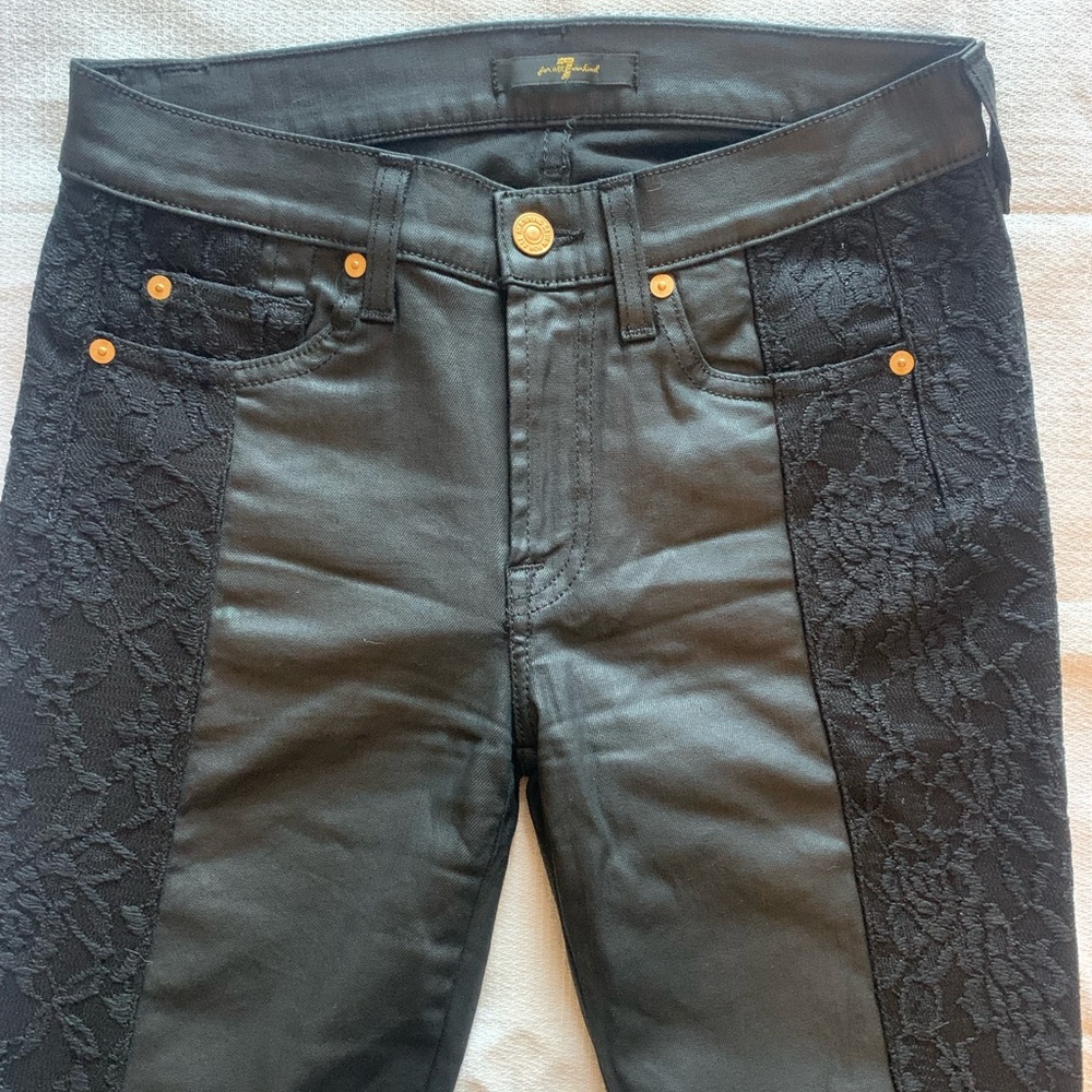 7 For All Mankind 27 Faux Leather Coated Black Pants with lace trim